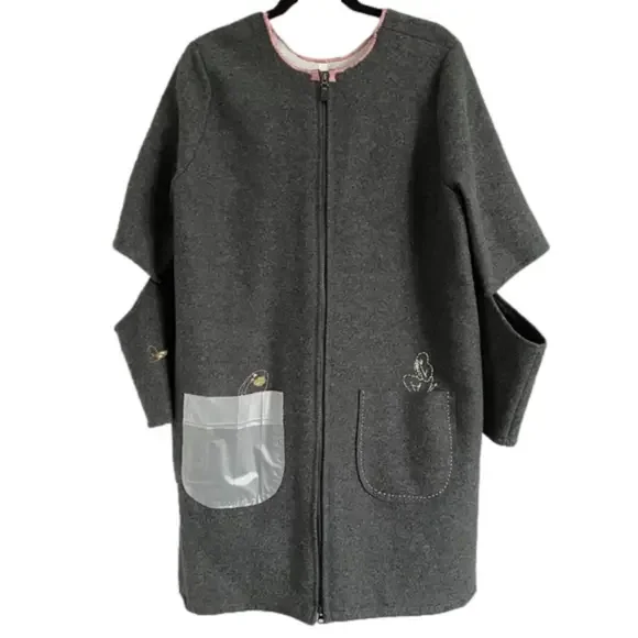 Handmade Gray Wool Elbow Cut-Out Embroidered Mid-Length Coat - 6/8, M, OOAK! - Picture 12 of 14